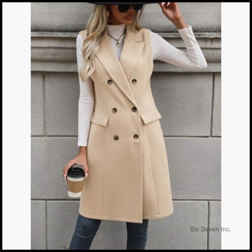 Long Wool Blend Vest Sleeveless Blazer Jacket Trench Coat Outerwear - Picture 4 of 6